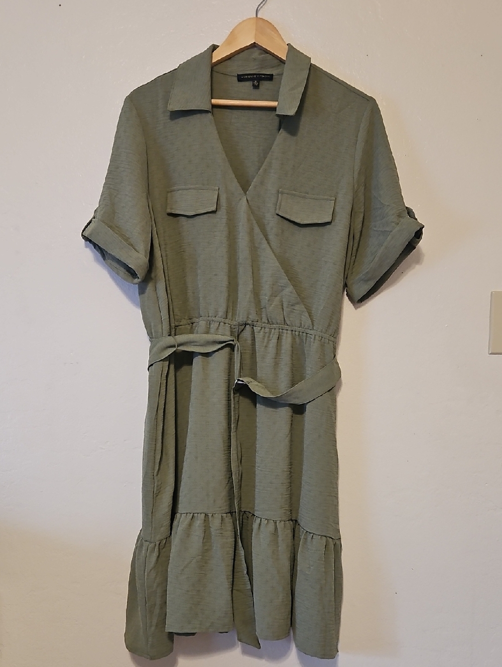 Adrienne Vittadini Olive Green Short Sleeve Wrap Midi Dress